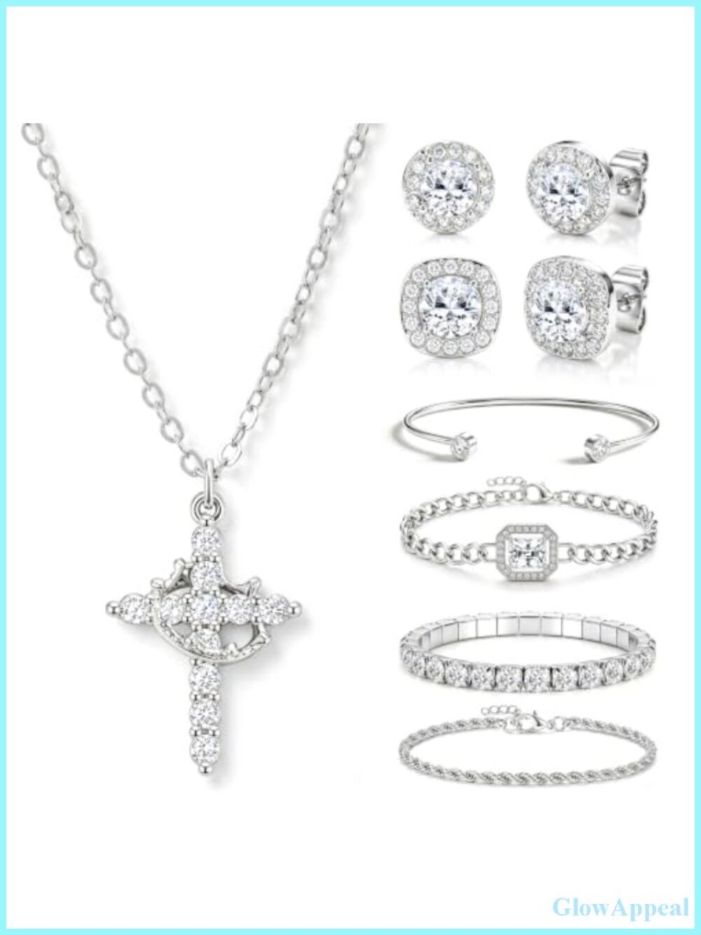 7 Pc Cross Necklace Bracelets CZ Stud Earrings Jewelry Set